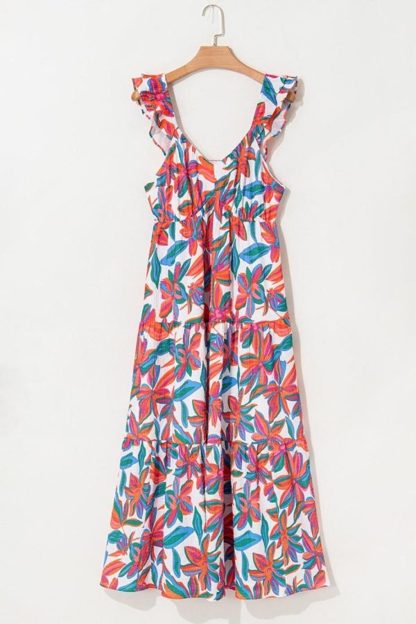 Maxi Dresses | Women Red Boho Floral Ruffled Strap V Neck Maxi Dress