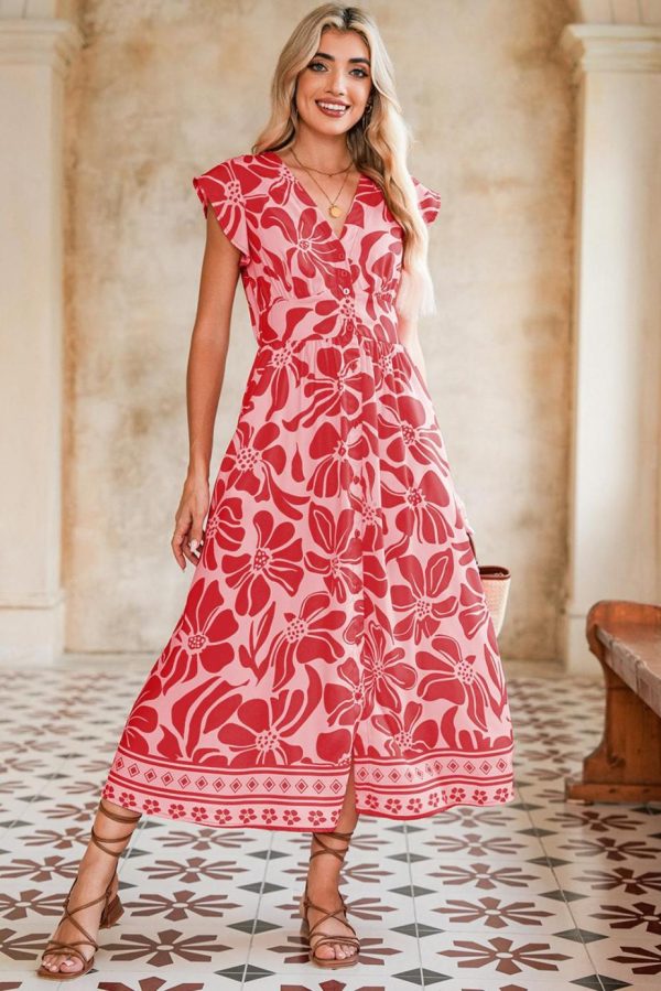 Maxi Dresses | Women Red Boho Floral V-Neck Ruffle Shoulder Maxi Dress - Image 2