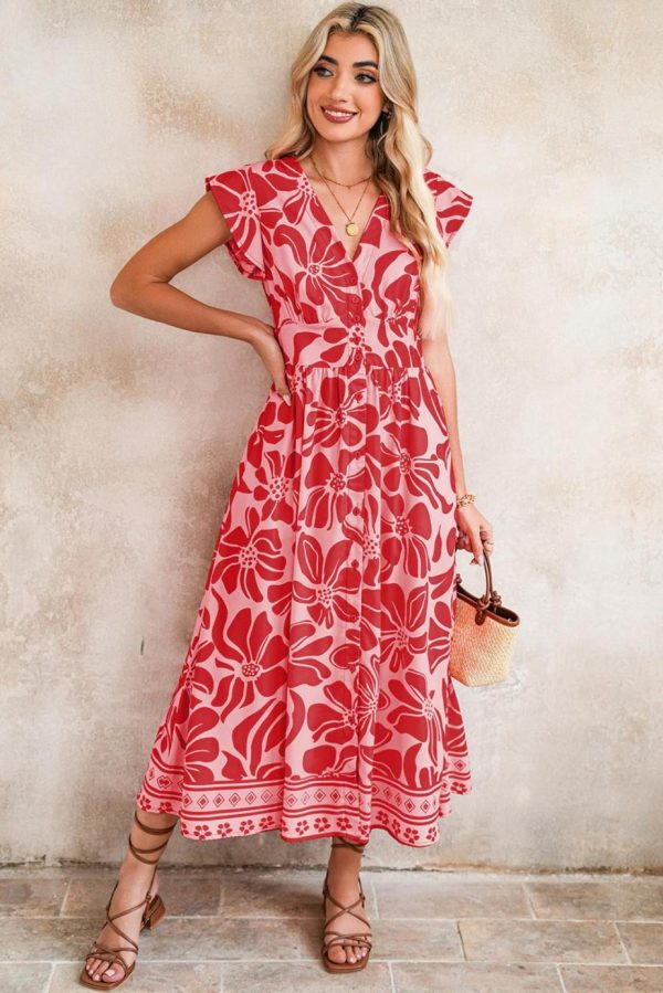 Maxi Dresses | Women Red Boho Floral V-Neck Ruffle Shoulder Maxi Dress - Image 3
