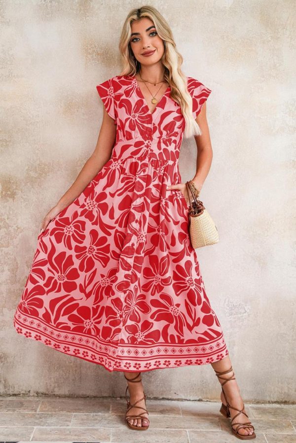 Maxi Dresses | Women Red Boho Floral V-Neck Ruffle Shoulder Maxi Dress - Image 4