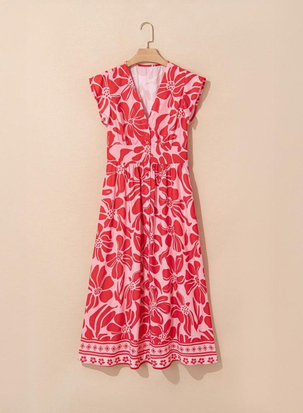 Maxi Dresses | Women Red Boho Floral V-Neck Ruffle Shoulder Maxi Dress - Image 5