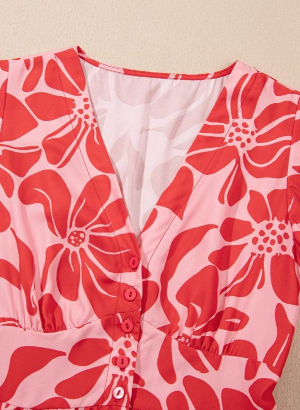 Maxi Dresses | Women Red Boho Floral V-Neck Ruffle Shoulder Maxi Dress - Image 7
