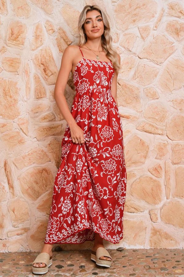 Maxi Dresses | Women Red Floral Print Spaghetti Strap Empire Waist Maxi Dress - Image 3