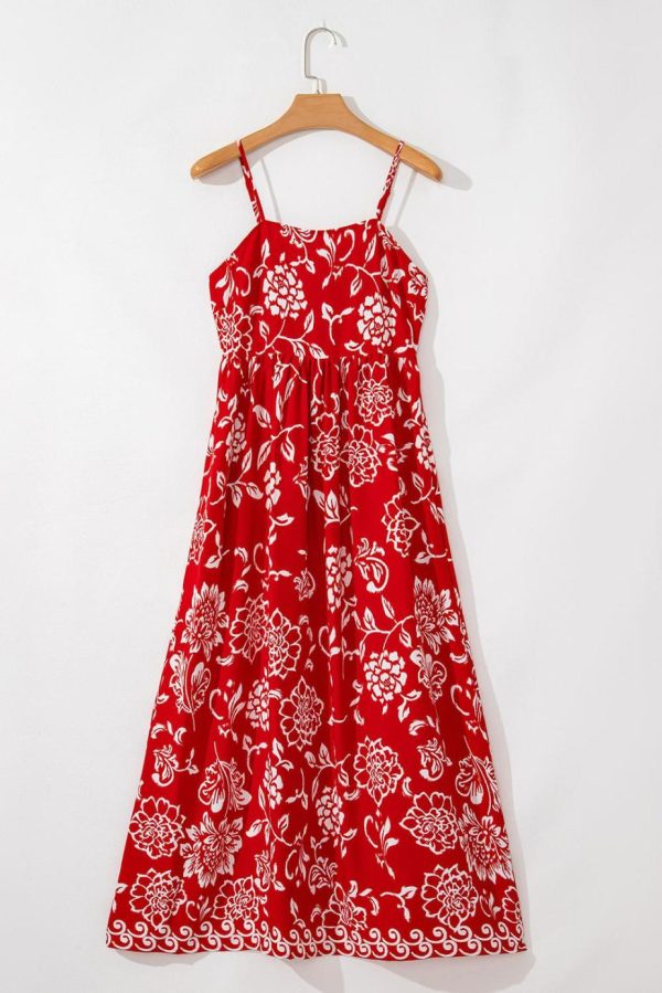 Maxi Dresses | Women Red Floral Print Spaghetti Strap Empire Waist Maxi Dress - Image 4