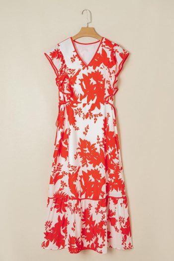 Maxi Dresses | Women Red Floral Print Trimmed V Neck Ruffle Sleeve Maxi Dress