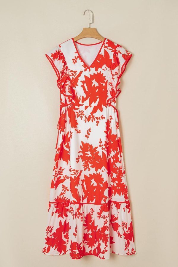 Maxi Dresses | Women Red Floral Print Trimmed V Neck Ruffle Sleeve Maxi Dress