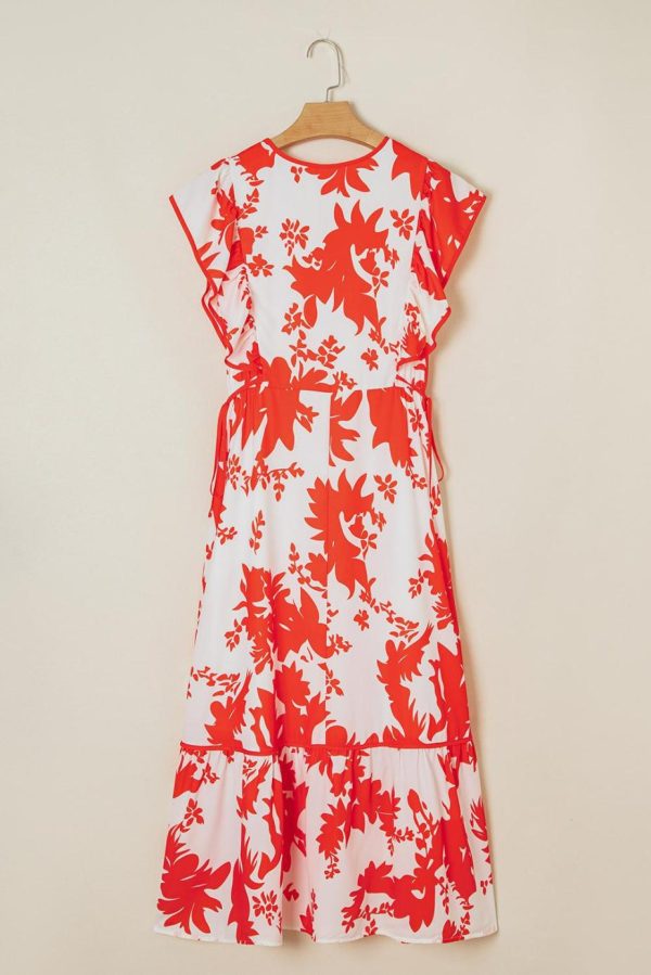 Maxi Dresses | Women Red Floral Print Trimmed V Neck Ruffle Sleeve Maxi Dress - Image 2