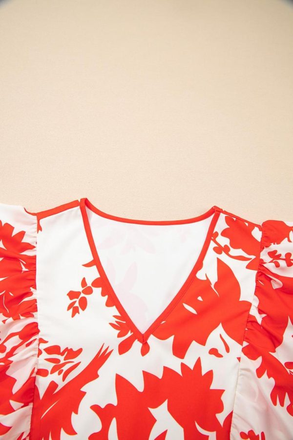 Maxi Dresses | Women Red Floral Print Trimmed V Neck Ruffle Sleeve Maxi Dress - Image 3