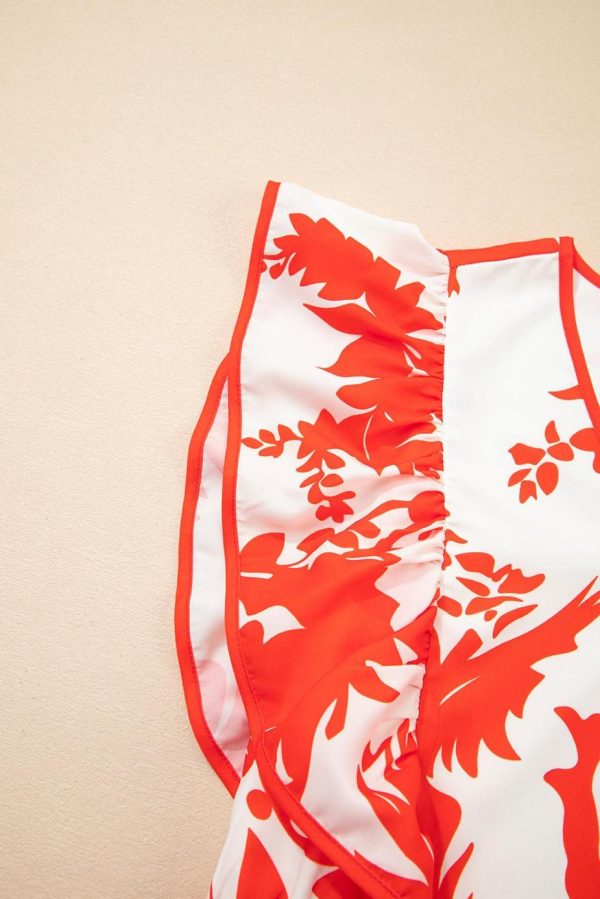 Maxi Dresses | Women Red Floral Print Trimmed V Neck Ruffle Sleeve Maxi Dress - Image 4