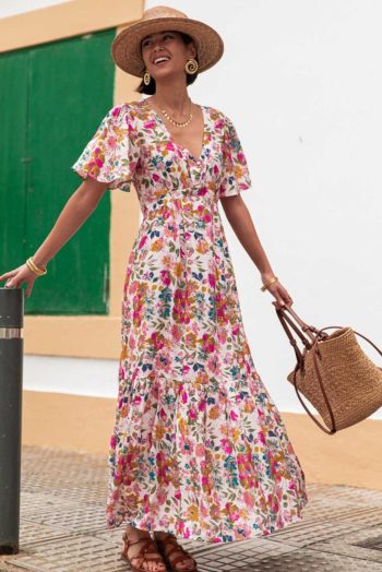 Maxi Dresses | Women Red Floral Short Sleeve V Neck High Waist Maxi Dress