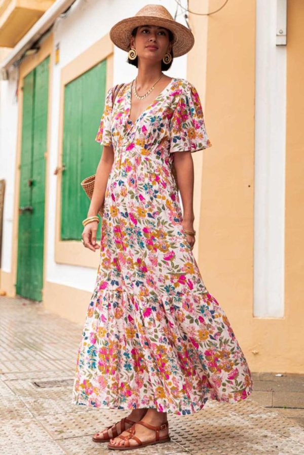 Maxi Dresses | Women Red Floral Short Sleeve V Neck High Waist Maxi Dress - Image 3