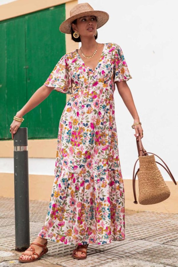 Maxi Dresses | Women Red Floral Short Sleeve V Neck High Waist Maxi Dress - Image 4