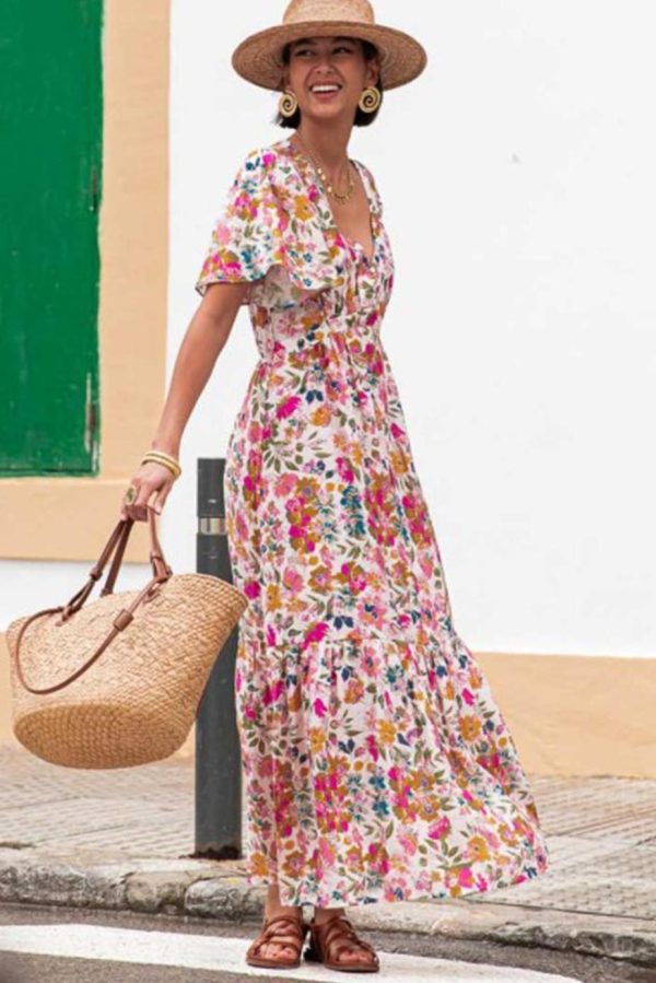 Maxi Dresses | Women Red Floral Short Sleeve V Neck High Waist Maxi Dress - Image 5