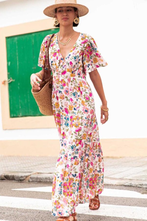 Maxi Dresses | Women Red Floral Short Sleeve V Neck High Waist Maxi Dress - Image 6