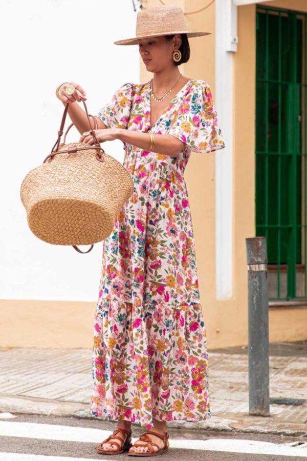 Maxi Dresses | Women Red Floral Short Sleeve V Neck High Waist Maxi Dress - Image 7