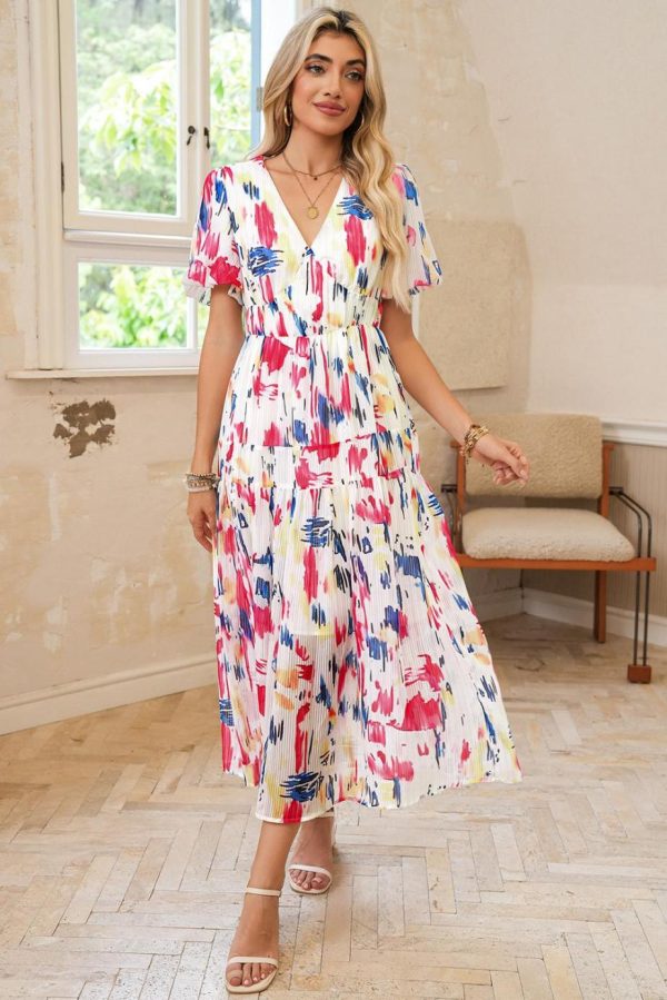 Maxi Dresses | Women Rose Abstract Print Short Puff Sleeve Tiered Maxi Dress