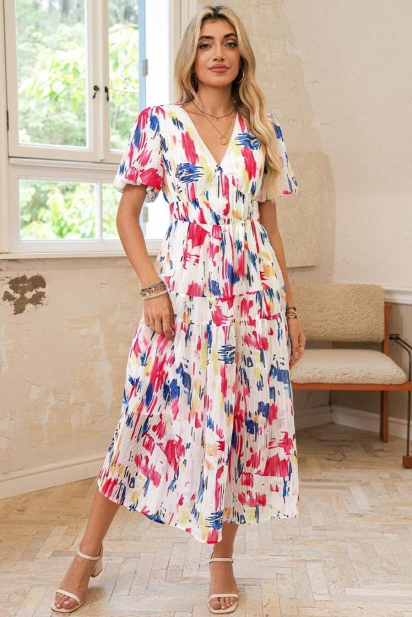 Maxi Dresses | Women Rose Abstract Print Short Puff Sleeve Tiered Maxi Dress - Image 2