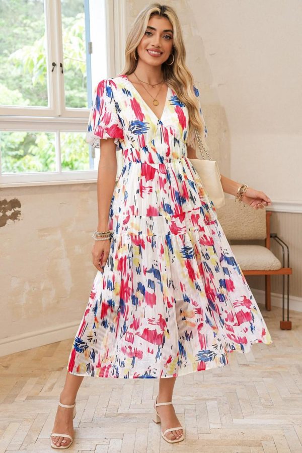 Maxi Dresses | Women Rose Abstract Print Short Puff Sleeve Tiered Maxi Dress - Image 3