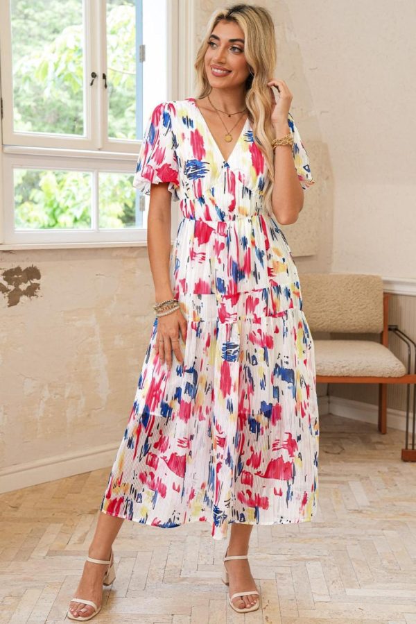 Maxi Dresses | Women Rose Abstract Print Short Puff Sleeve Tiered Maxi Dress - Image 4