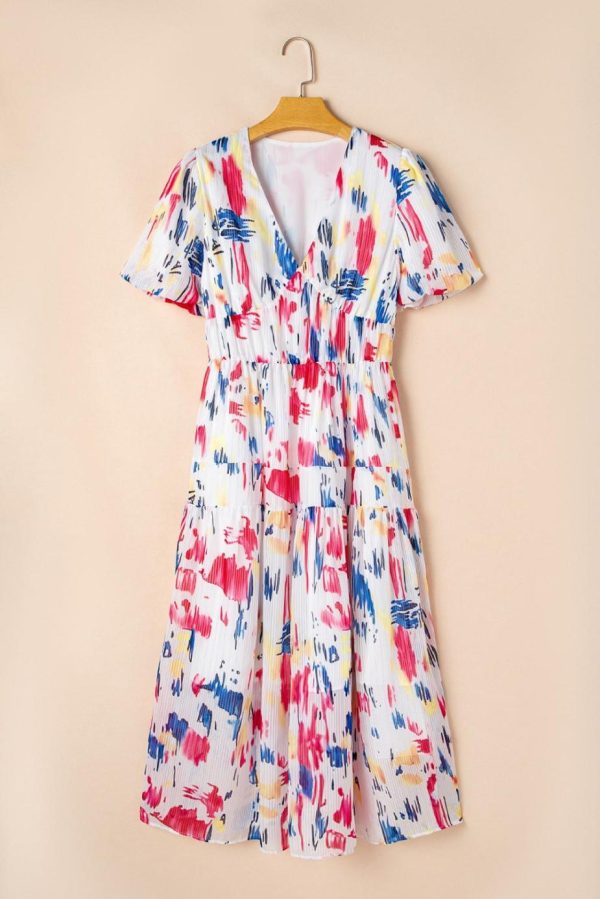 Maxi Dresses | Women Rose Abstract Print Short Puff Sleeve Tiered Maxi Dress - Image 5