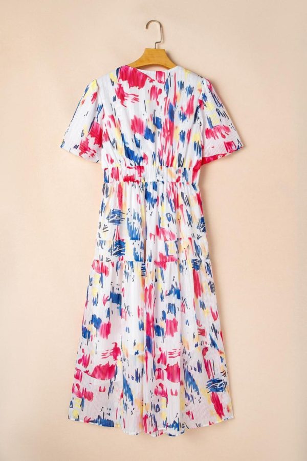 Maxi Dresses | Women Rose Abstract Print Short Puff Sleeve Tiered Maxi Dress - Image 6