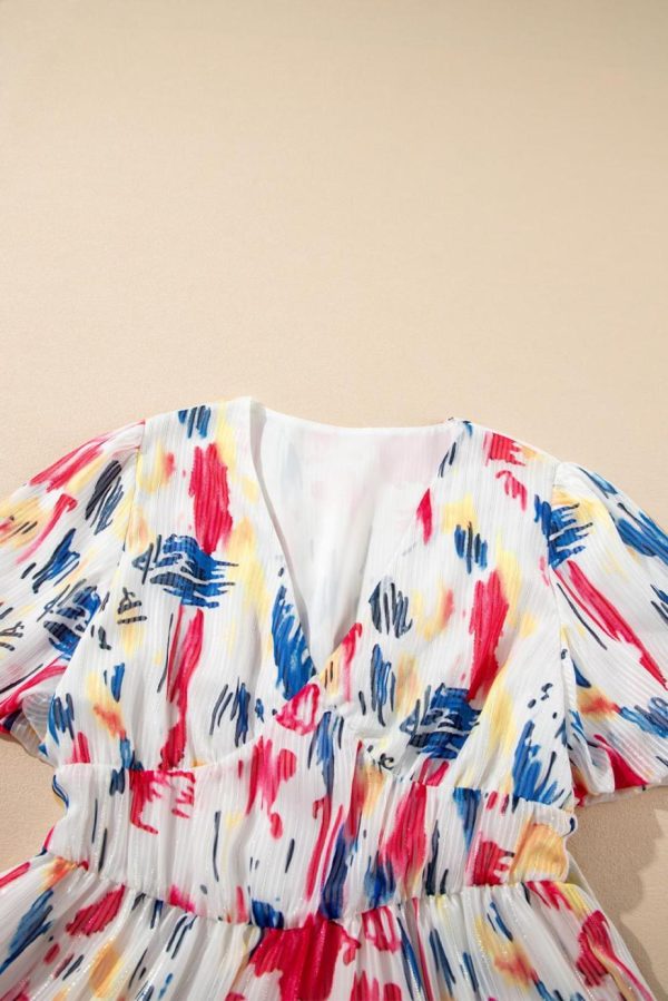 Maxi Dresses | Women Rose Abstract Print Short Puff Sleeve Tiered Maxi Dress - Image 7