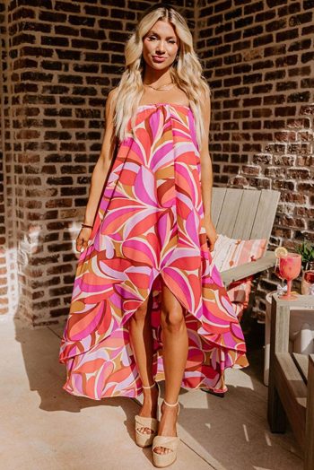 Maxi Dresses | Women Rose Floral High Low Bandeau Vacay Dress