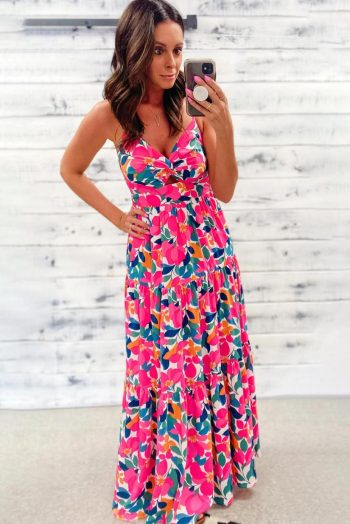 Maxi Dresses | Women Rose Floral Twist V Neck Tiered Cami Maxi Dress
