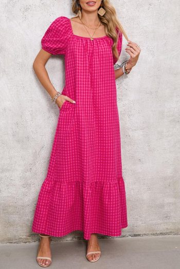 Maxi Dresses | Women Rose Plaid Square Neck Puff Sleeve Maxi Dress