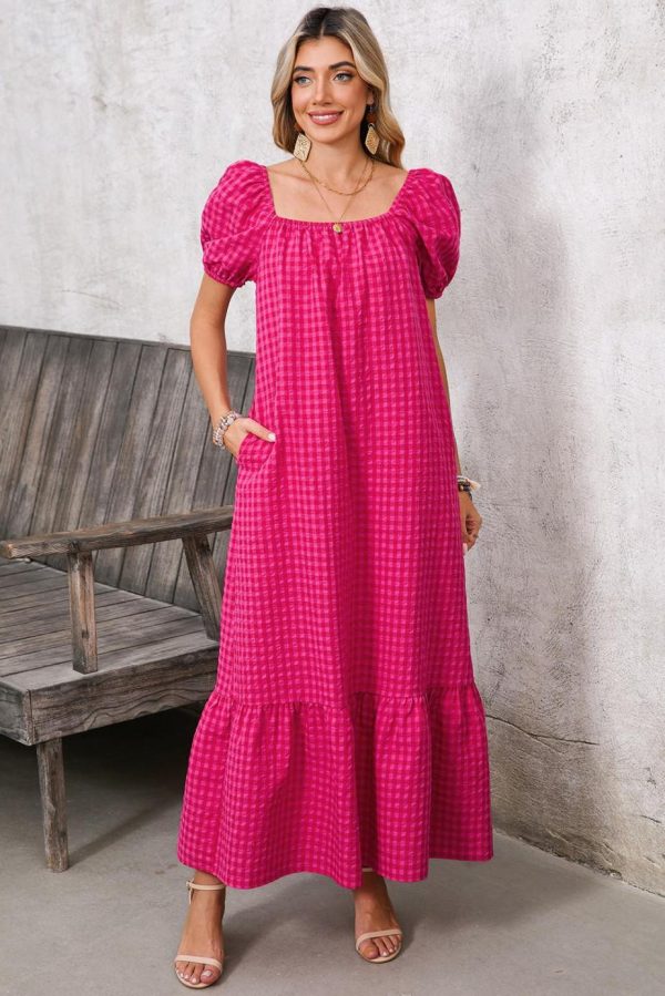 Maxi Dresses | Women Rose Plaid Square Neck Puff Sleeve Maxi Dress - Image 2