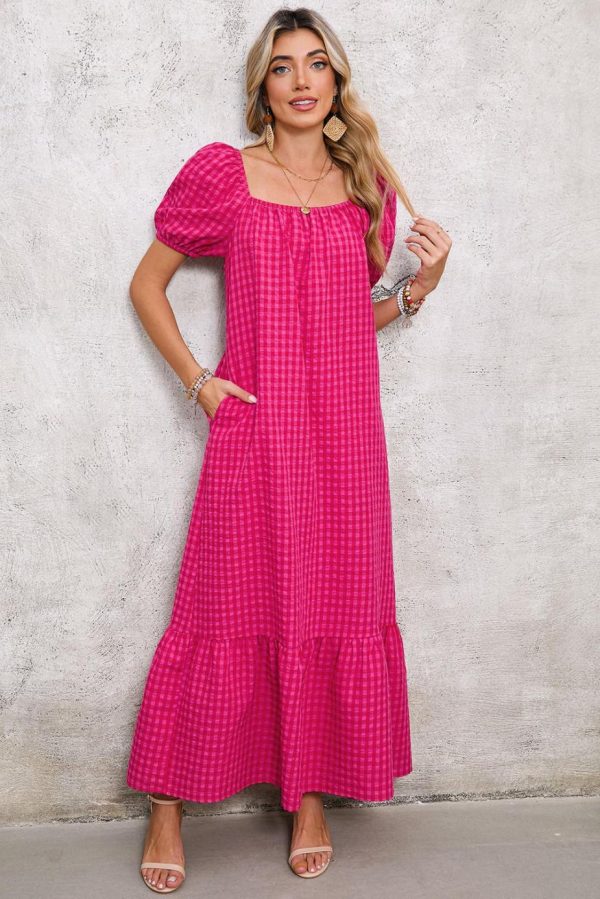 Maxi Dresses | Women Rose Plaid Square Neck Puff Sleeve Maxi Dress - Image 3