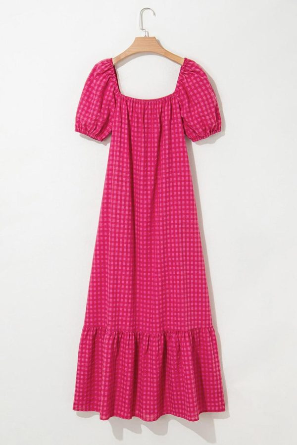 Maxi Dresses | Women Rose Plaid Square Neck Puff Sleeve Maxi Dress - Image 5