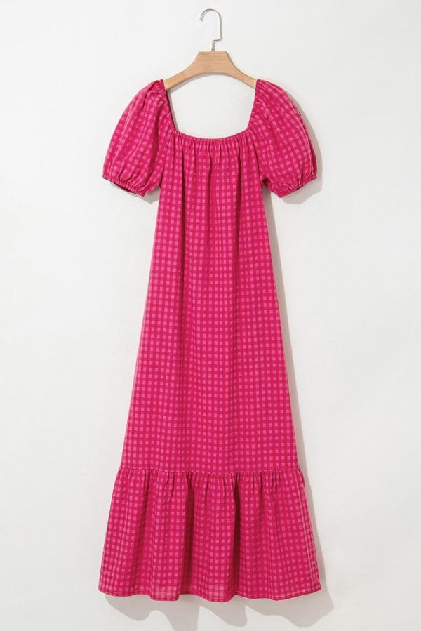 Maxi Dresses | Women Rose Plaid Square Neck Puff Sleeve Maxi Dress - Image 6