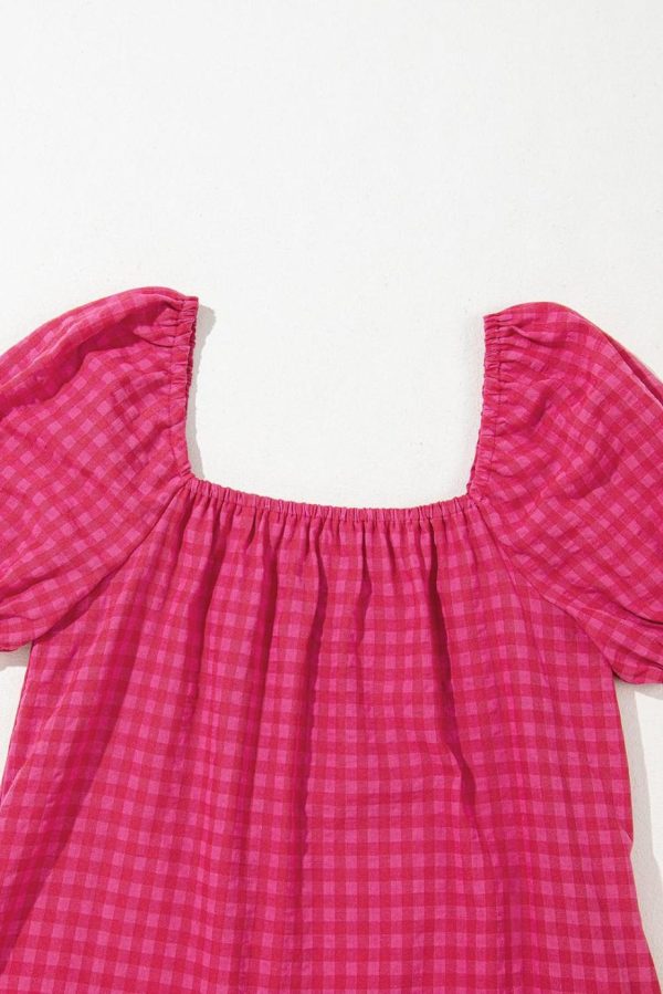 Maxi Dresses | Women Rose Plaid Square Neck Puff Sleeve Maxi Dress - Image 7