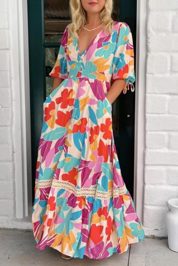 Maxi Dresses | Women Rose Red Floral Knot Puff Sleeve V Neck Buttoned Front Split Lace Maxi Dress