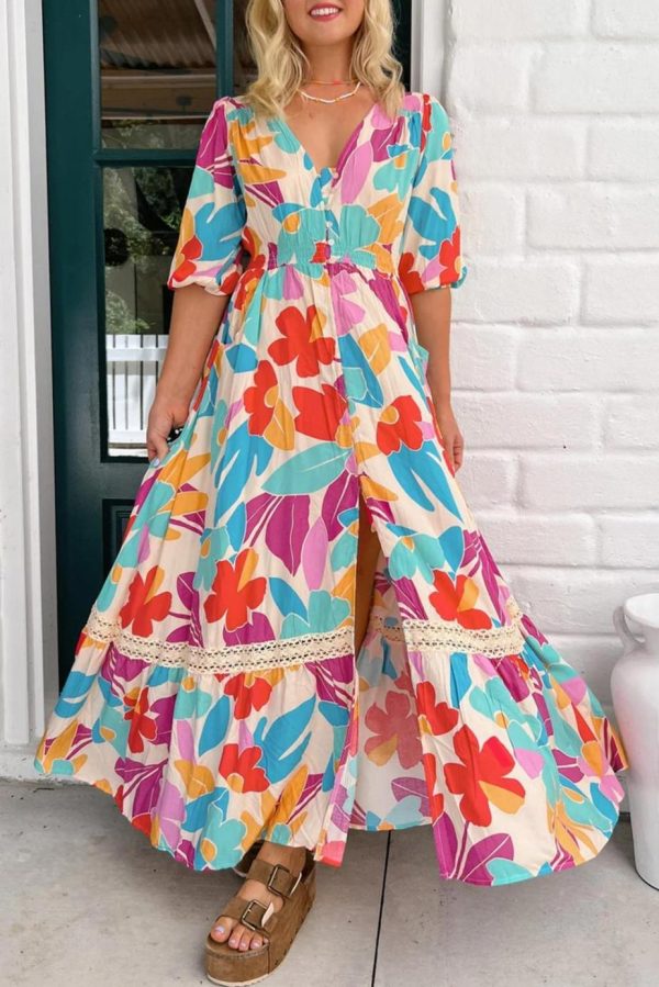 Maxi Dresses | Women Rose Red Floral Knot Puff Sleeve V Neck Buttoned Front Split Lace Maxi Dress - Image 2