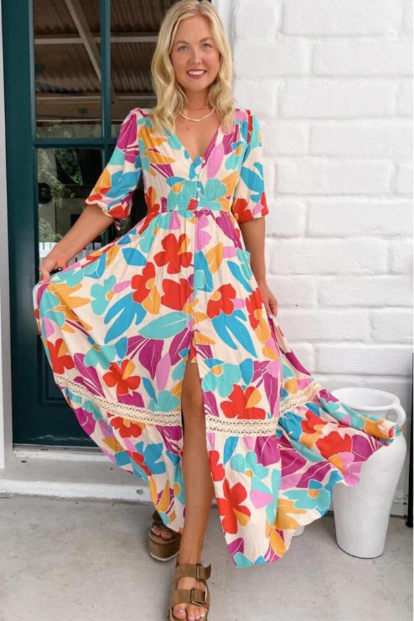 Maxi Dresses | Women Rose Red Floral Knot Puff Sleeve V Neck Buttoned Front Split Lace Maxi Dress - Image 3