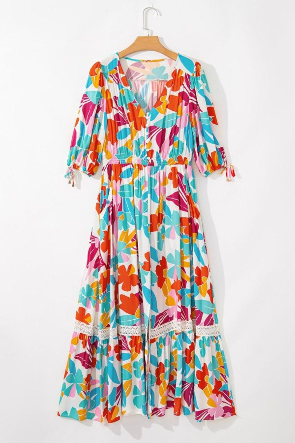 Maxi Dresses | Women Rose Red Floral Knot Puff Sleeve V Neck Buttoned Front Split Lace Maxi Dress - Image 4