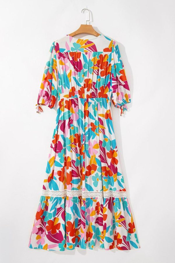 Maxi Dresses | Women Rose Red Floral Knot Puff Sleeve V Neck Buttoned Front Split Lace Maxi Dress - Image 5