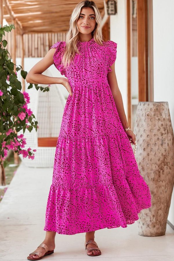 Maxi Dresses | Women Rose Red Leopard Print Ruffle Sleeveless Maxi Dress