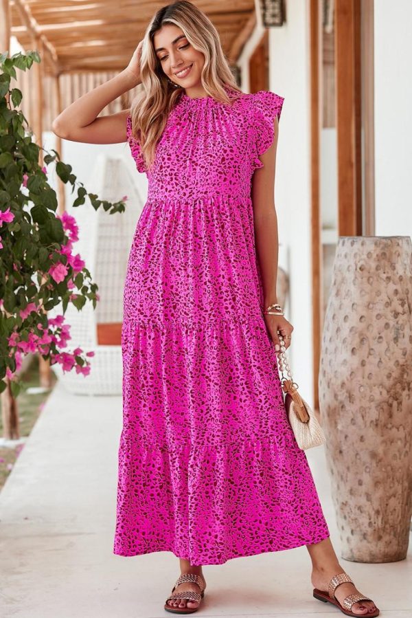 Maxi Dresses | Women Rose Red Leopard Print Ruffle Sleeveless Maxi Dress - Image 3