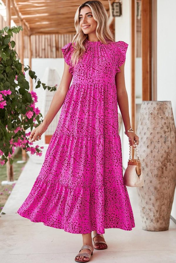 Maxi Dresses | Women Rose Red Leopard Print Ruffle Sleeveless Maxi Dress - Image 4