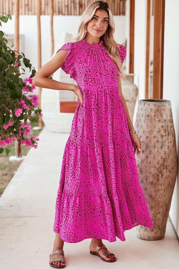 Maxi Dresses | Women Rose Red Leopard Print Ruffle Sleeveless Maxi Dress - Image 5