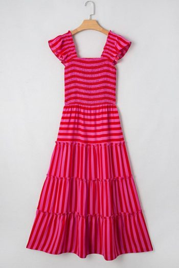 Maxi Dresses | Women Rose Stripe Ruffle Strap Shirred Bodice Tiered Maxi Dress