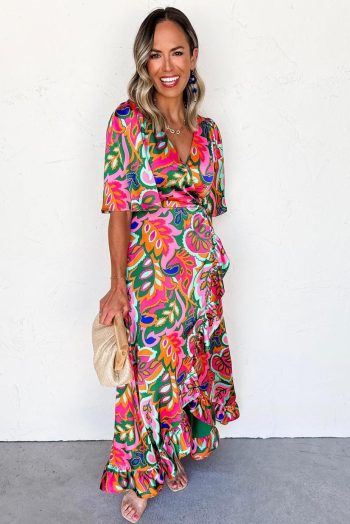 Maxi Dresses | Women Rose Tropical Plant Print Surplice V Neck Ruffle Hem Maxi Dress