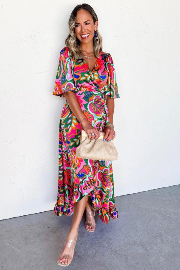 Maxi Dresses | Women Rose Tropical Plant Print Surplice V Neck Ruffle Hem Maxi Dress - Image 2