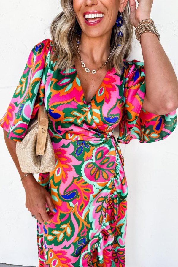 Maxi Dresses | Women Rose Tropical Plant Print Surplice V Neck Ruffle Hem Maxi Dress - Image 3