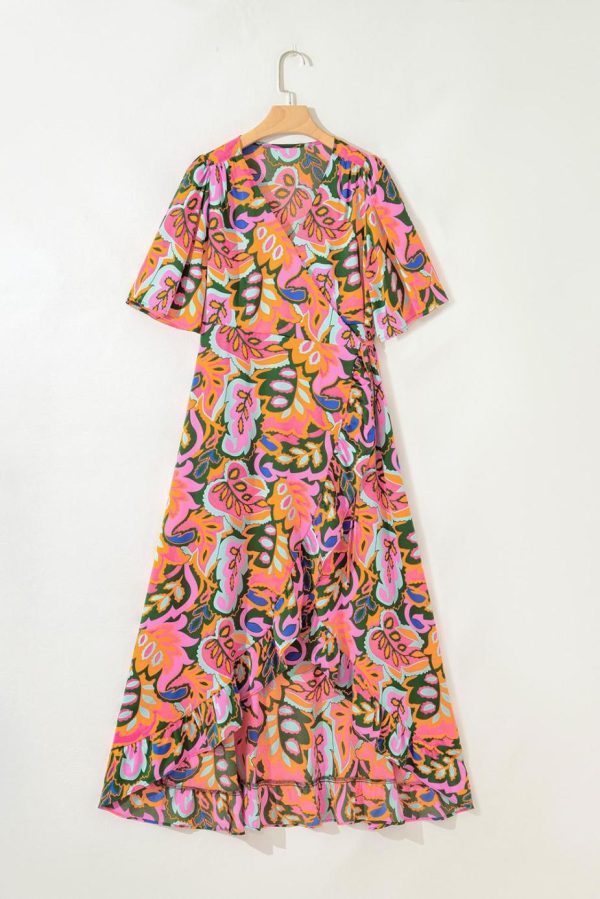 Maxi Dresses | Women Rose Tropical Plant Print Surplice V Neck Ruffle Hem Maxi Dress - Image 5