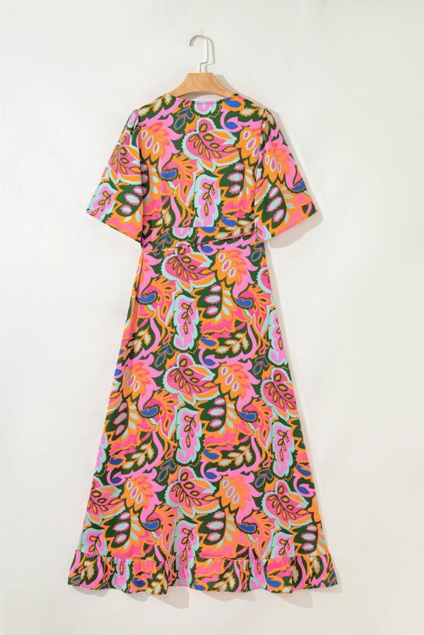 Maxi Dresses | Women Rose Tropical Plant Print Surplice V Neck Ruffle Hem Maxi Dress - Image 6