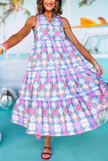 Maxi Dresses | Women Sky Blue 60S Flower Split Neck Sleeveless Tiered Maxi Dress